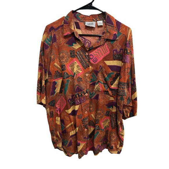 Vintage Morgan Square Button Front Blouse Brown Multi 22W/42 Geometric Print - Picture 1 of 9